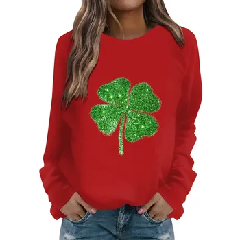 Женщины День Святого Патрика Толстовки Модные повседневные с длинными рукавами Однотонные пуловеры Зеленый трилистник Принт Топы с круглым вырезом