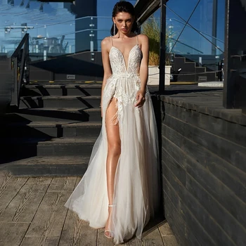 LISER Женское струящееся свадебное платье с глубокими V-образными бретелями и высоким разрезом