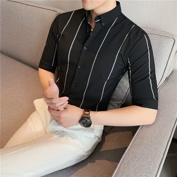  Премиум Формальные полосатые рубашки для мужчин 2023 года Новый деловой повседневный Не гладиная ткань Лацкан Рубашка с половиной рукава Плюс размер M-5XL