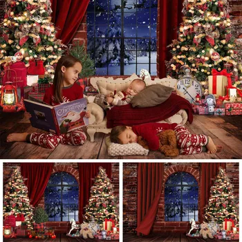 Рождественское окно Зимний снег Фон для фотографии Рождественская елка Подарок Кукла Дети Семейный Портрет Фотозвонок Фон Фотостудия