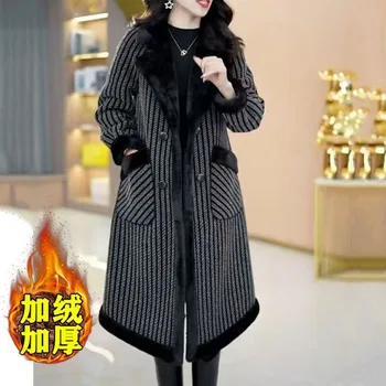 Новое женское кашемировое толстое шерстяное пальто оверсайз осень-зима теплая полосатая шерстяная куртка женская повседневная длинная холодная парка пальто
