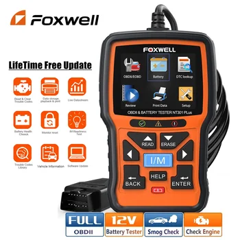 FOXWELL NT301 Plus OBD2 Автомобильный сканер Тестер аккумулятора 12 В Проверка двигателя Считыватель кодов Зарядка аккумулятора Тест системы запуска
