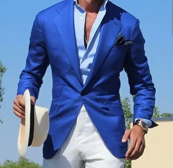 Синий костюм Мужской пиджак Костюм Homme Mariage Beach Свадебный мужской костюм с белыми брюками Smart Terno Slim Fit Смокинг Пальто Выпускной Пиджак