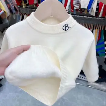 Свитер для мальчиков с имитацией норкового флиса плюшевый трикотаж 2023 года для девочек осень/зима рубашка корейский детский толстовка