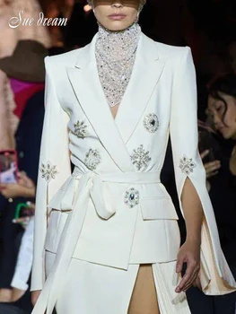 2023 Новая женская мода Тяжелая промышленность с длинным рукавом из бисера Бриллиантовый пояс Пиджак Пальто