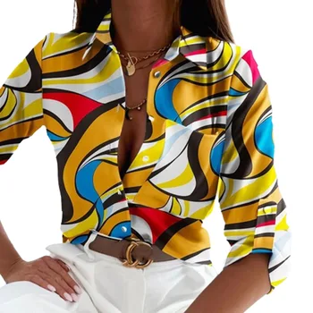 Женская рубашка с длинным рукавом Элегантная рубашка с карманами и лацканом для покупок Рабочая одежда