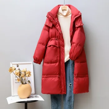 2021 Новые корейские свободные пуховики Зимние утолщенные теплые женские белые пуховые пальто с капюшоном Повседневные длинные женские куртки LJ3300
